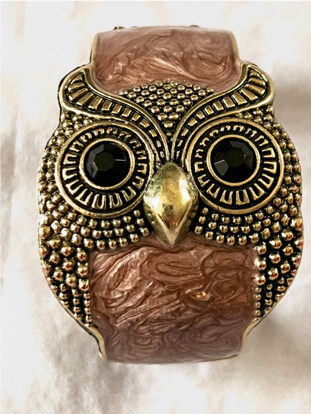 Vintage Gold Textured Owl Hinged Clamp Cuff Bracelet